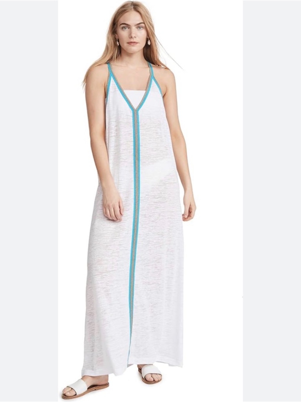 Pitusa Inca Sundress White Sheer Cover-Up Maxi with Teal Trim Fits Size 6-12 - Picture 2 of 11